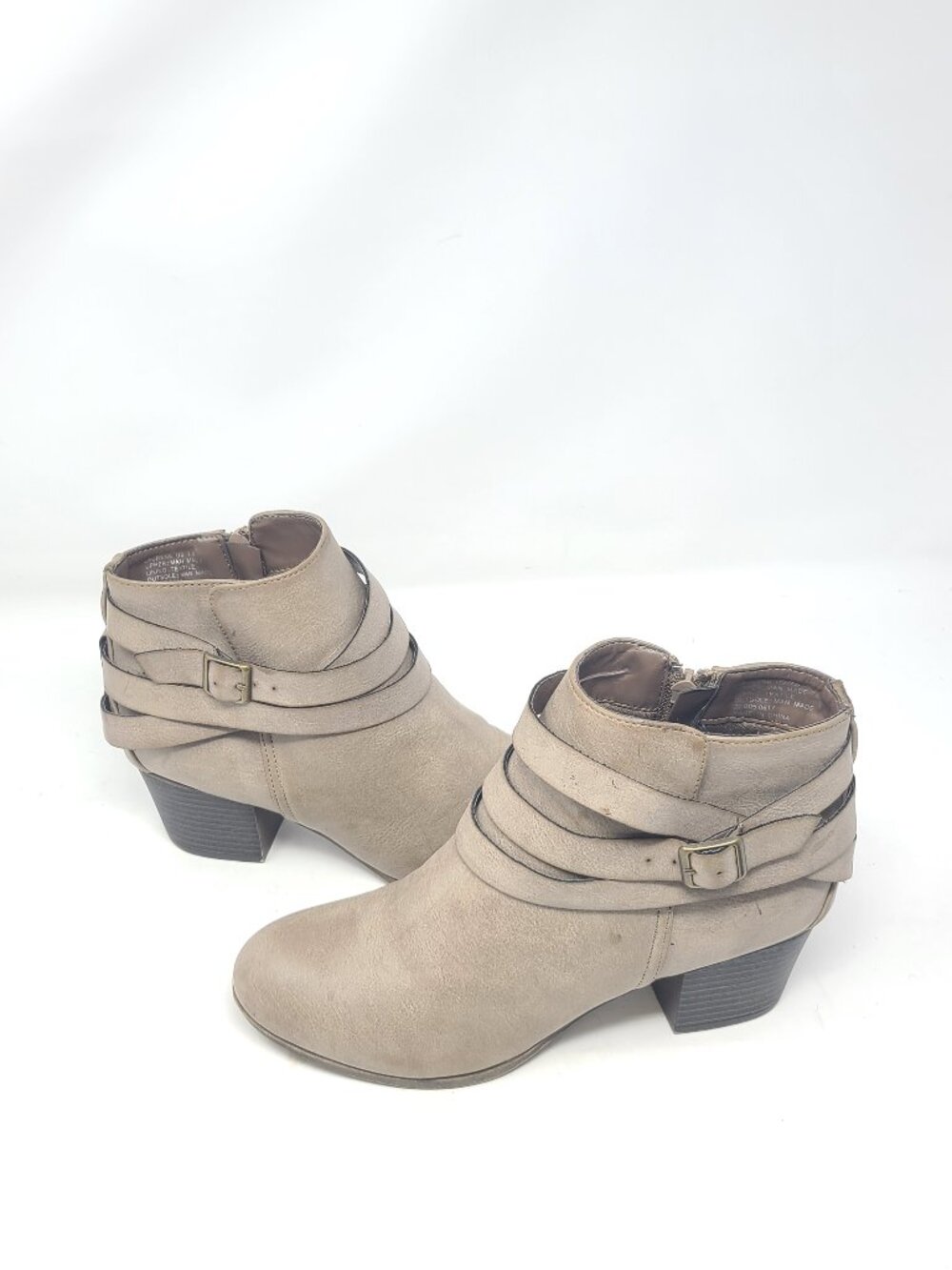 No Parking Laurene Taupe Strappy Buckle Ankle Boots Block Heel Side Zip 7.5